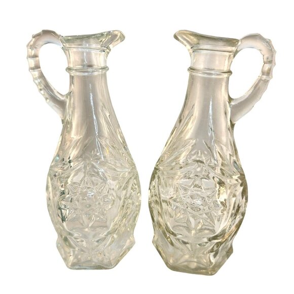 Vintage 1960S Pressed Glass Star Design Vinegar & Oil Cruet Set Clear Crystal He - Picture 2 of 8